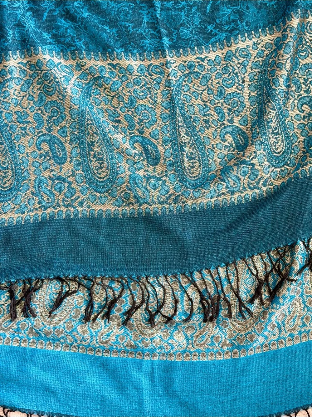 Pashmina SILK Turquoise & gold Fringe Scarf